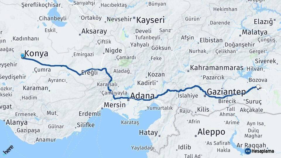 Konya Karaköprü Şanlıurfa Arası Kaç Km - Yol Haritası
