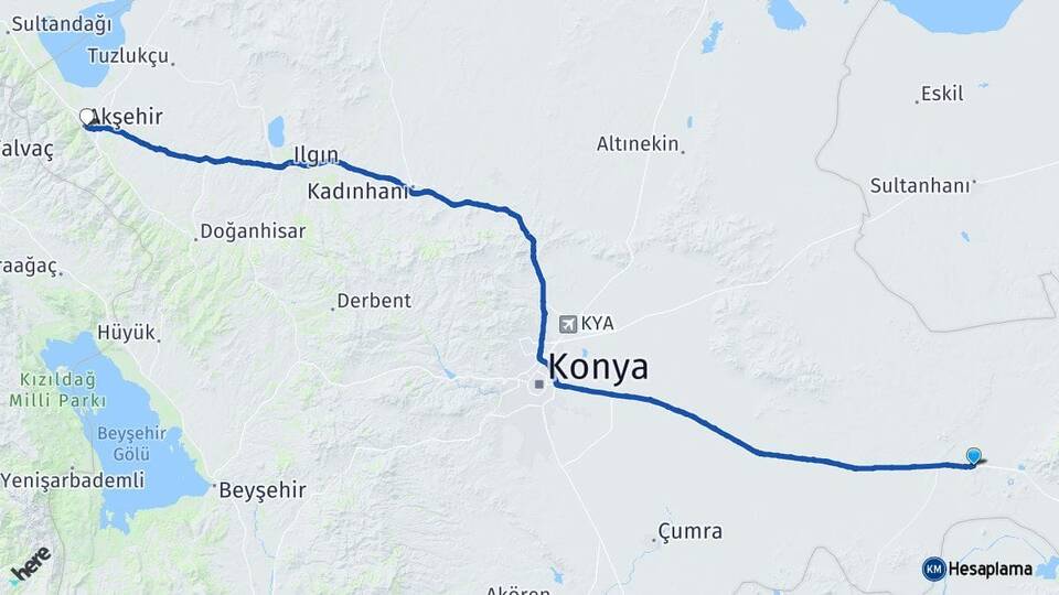 Konya Karapınar Akşehir Arası Kaç Km - Yol Haritası
