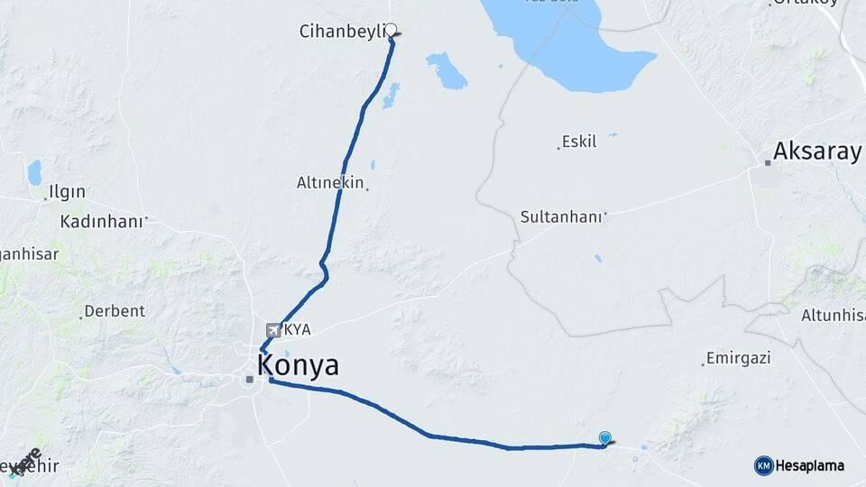 Konya Karapınar Cihanbeyli Arası Kaç Km - Yol Haritası