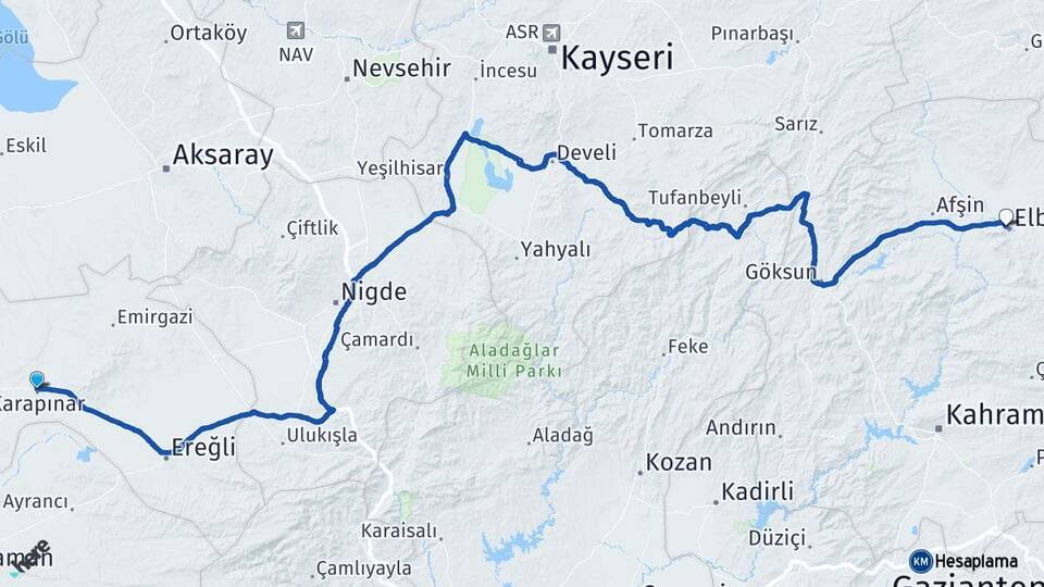 Konya Karapınar Elbistan Kahramanmaraş Arası Kaç Km - Yol Haritası