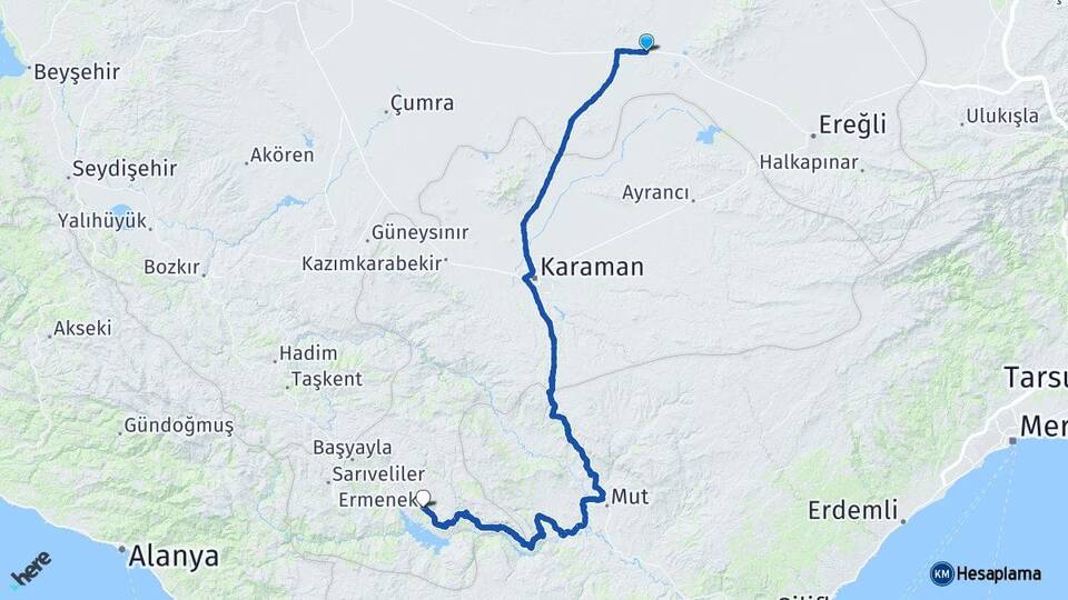 Konya Karapınar Ermenek Karaman Arası Kaç Km - Yol Haritası