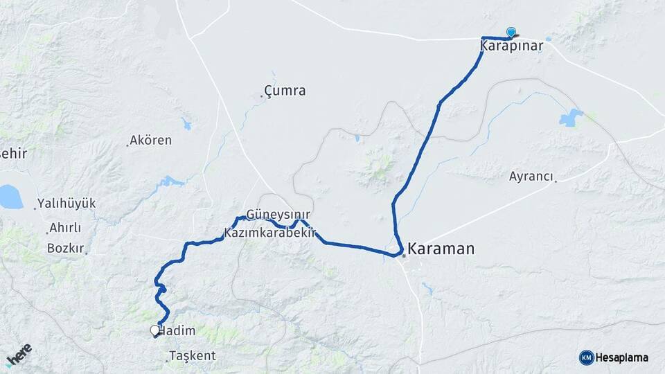 Konya Karapınar Hadim Arası Kaç Km - Yol Haritası
