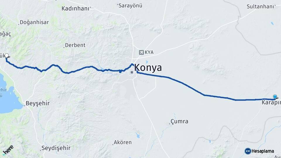 Konya Karapınar Hüyük Arası Kaç Km - Yol Haritası