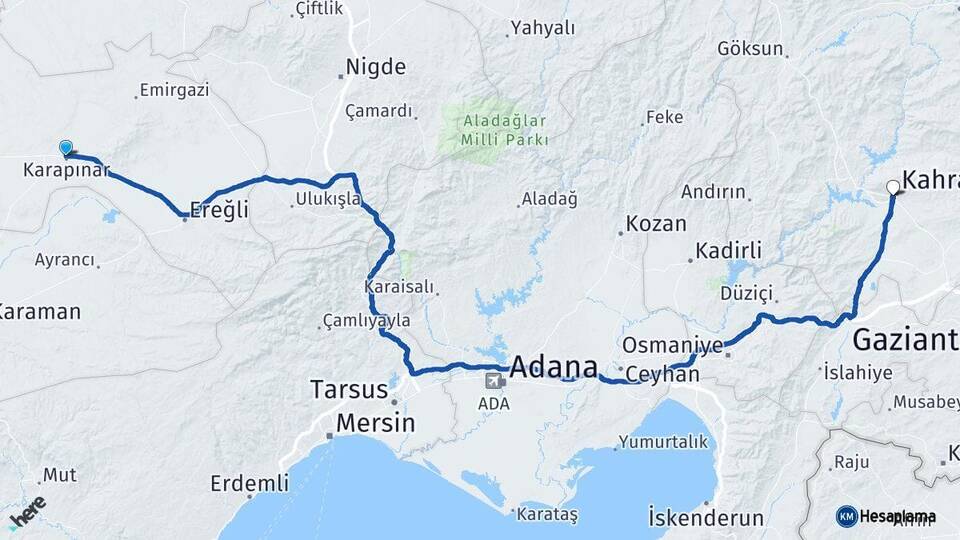Konya Karapınar Kahramanmaraş Arası Kaç Km - Yol Haritası