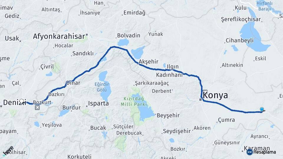 Konya Karapınar Kaklık Honaz Denizli Arası Kaç Km - Yol Haritası