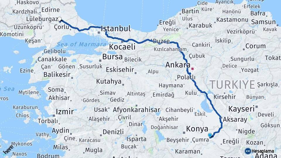 Konya Karapınar Lüleburgaz Kırklareli Arası Kaç Km - Yol Haritası