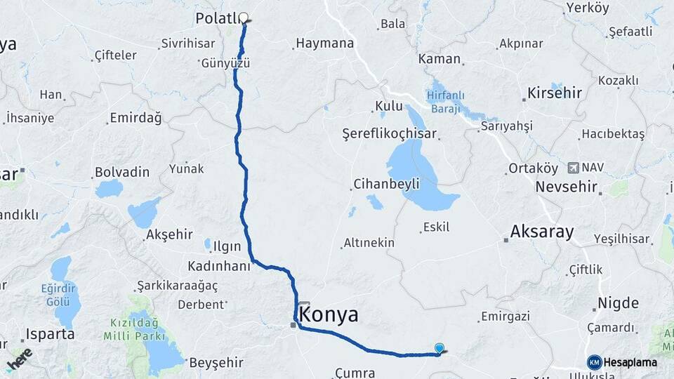 Konya Karapınar Polatlı Ankara Arası Kaç Km - Yol Haritası