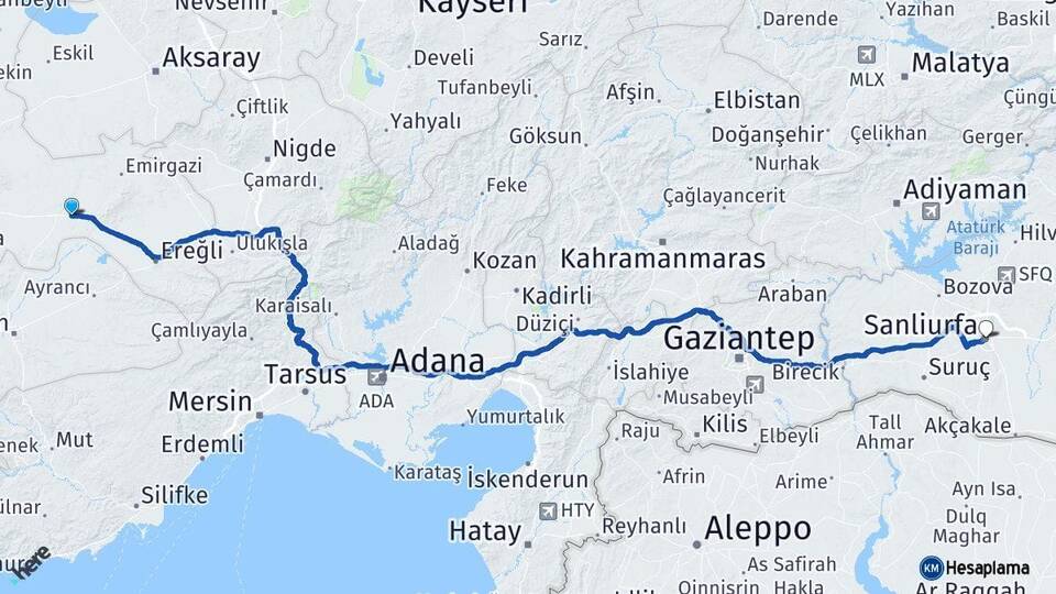 Konya Karapınar Şanlıurfa Arası Kaç Km - Yol Haritası