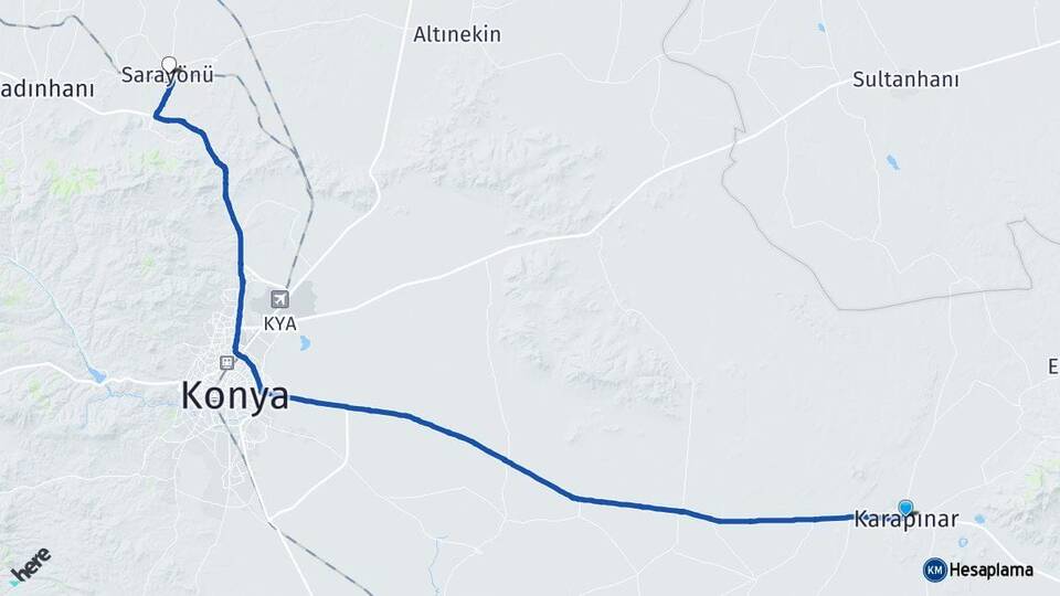 Konya Karapınar Sarayönü Arası Kaç Km - Yol Haritası