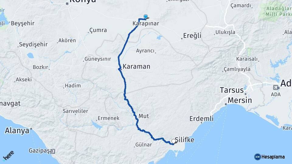 Konya Karapınar Silifke Mersin Arası Kaç Km - Yol Haritası