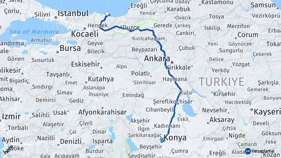 Konya Karasu Sakarya Arası Kaç Km - Yol Haritası