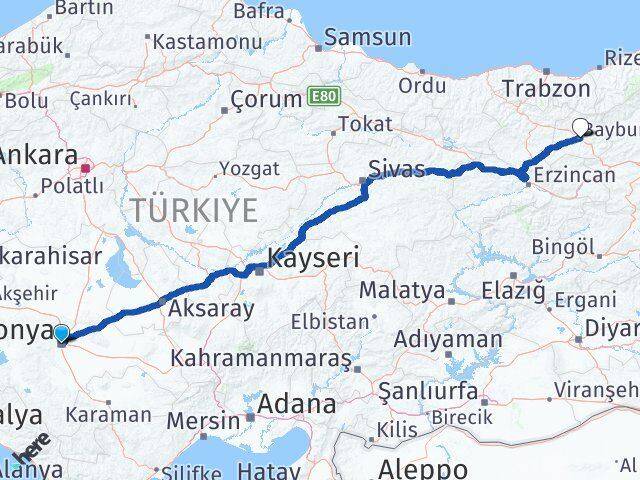 Konya Karatay Bayburt Arası Kaç Saat? Yol Haritası, Yakıt, Rota ve Mesafe Hesaplama Konya Karatay Bayburt Arası Kaç Km? Kaç Saat? Yol Haritası