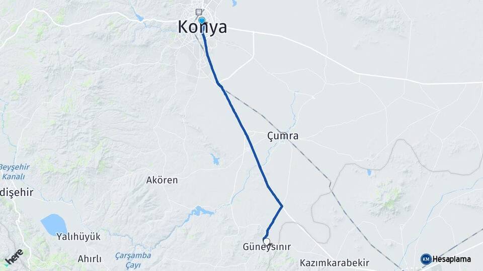 Konya Karatay Güneysınır Arası Kaç Km - Yol Haritası