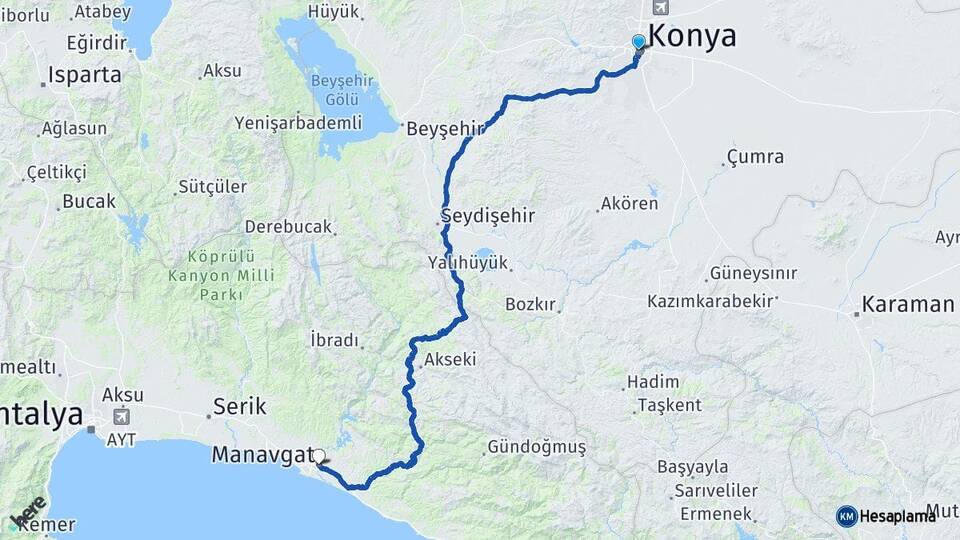 Konya Karatay Manavgat Antalya Arası Kaç Km - Yol Haritası
