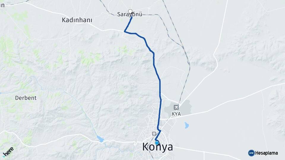 Konya Karatay Sarayönü Arası Kaç Km - Yol Haritası