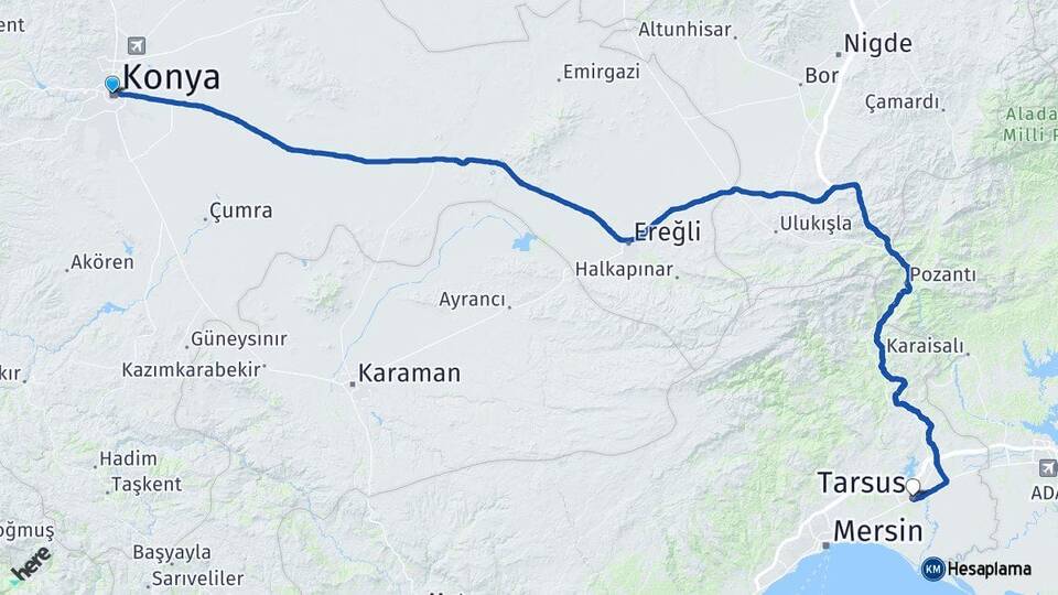 Konya Karatay Tarsus Mersin Arası Kaç Km - Yol Haritası