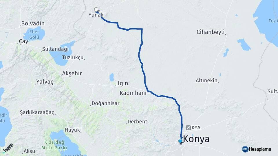 Konya Karatay Yunak Arası Kaç Km - Yol Haritası