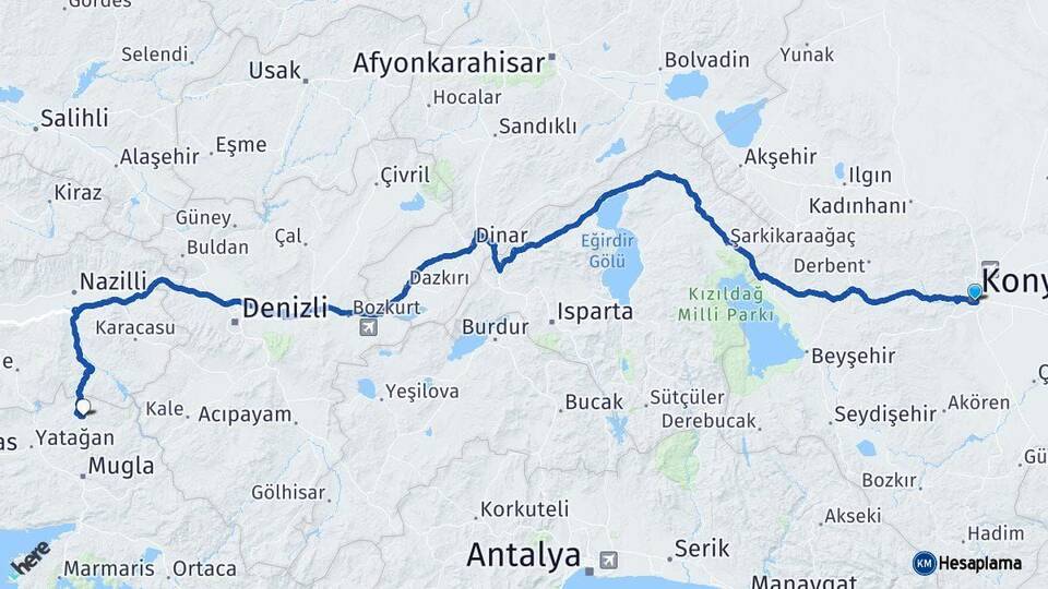 Konya Kavaklıdere Muğla Arası Kaç Km - Yol Haritası