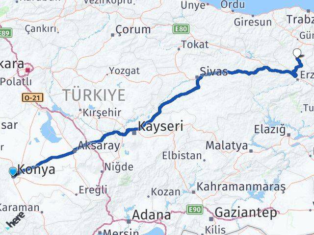 Konya Kelkit Gümüşhane Arası Kaç Km - Yol Haritası