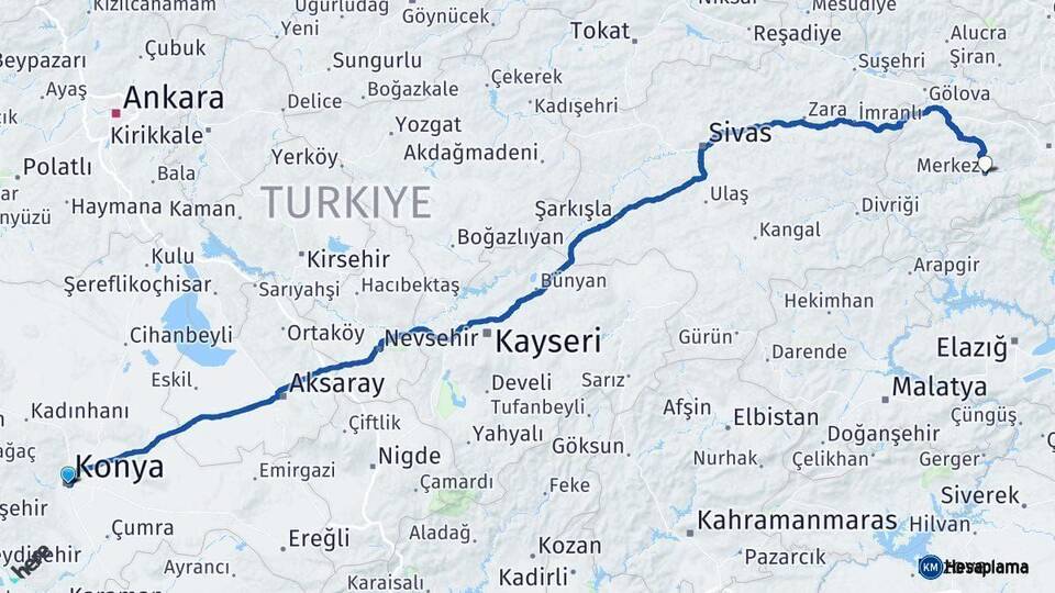 Konya Kemah Erzincan Arası Kaç Km - Yol Haritası