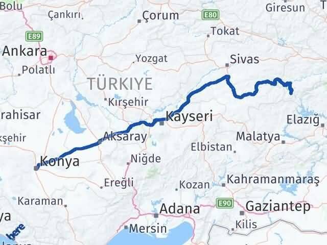 Konya Kemaliye Erzincan Arası Kaç Km - Yol Haritası