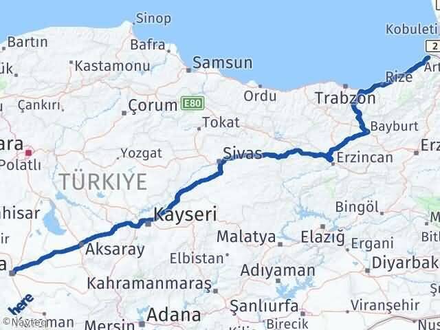Konya Kemalpaşa Artvin Arası Kaç Km - Yol Haritası
