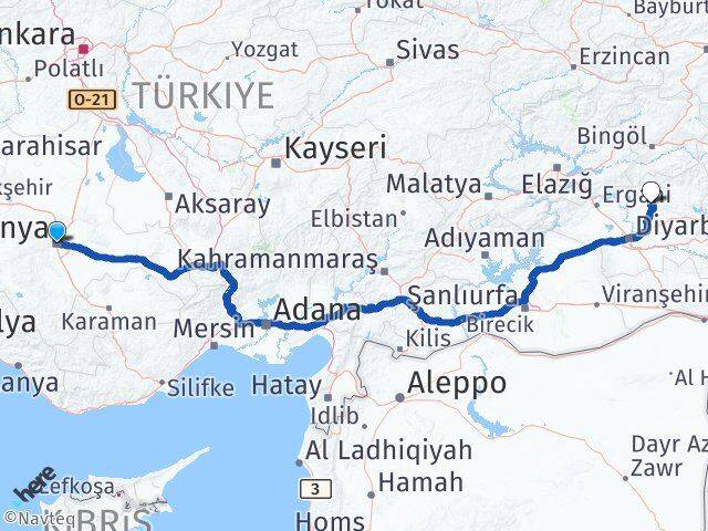 Konya Kocaköy Diyarbakır Arası Kaç Km - Yol Haritası