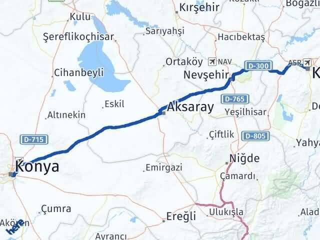 Konya Kocasinan Kayseri Arası Kaç Km - Yol Haritası