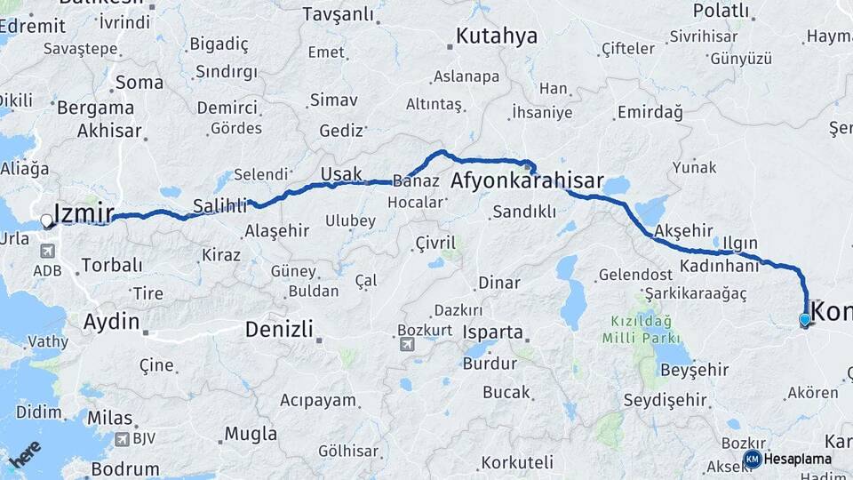 Konya Konak İzmir Arası Kaç Km - Yol Haritası