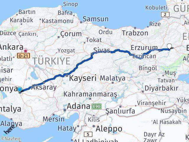 Konya Köprüköy Erzurum Arası Kaç Km - Yol Haritası