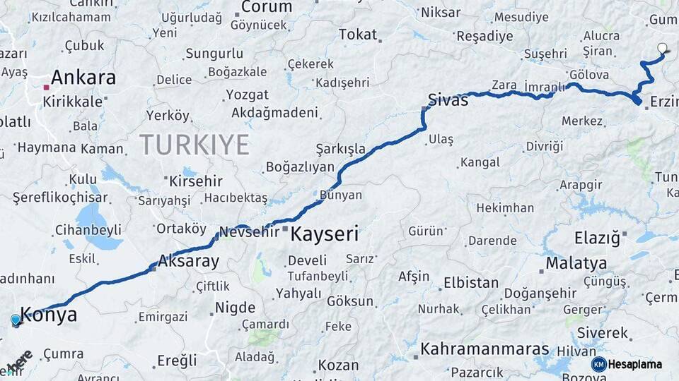 Konya Köse Gümüşhane Arası Kaç Km - Yol Haritası