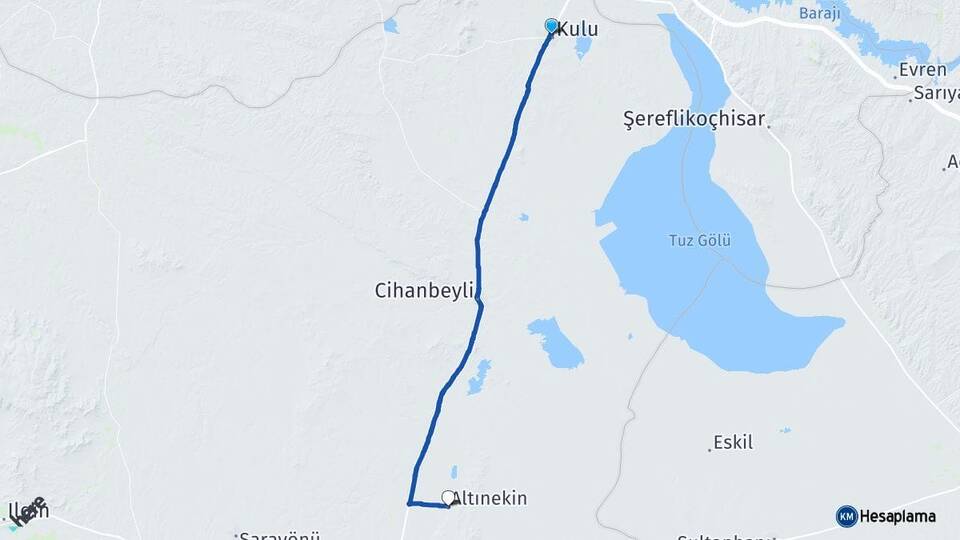 Konya Kulu Altınekin Arası Kaç Km - Yol Haritası
