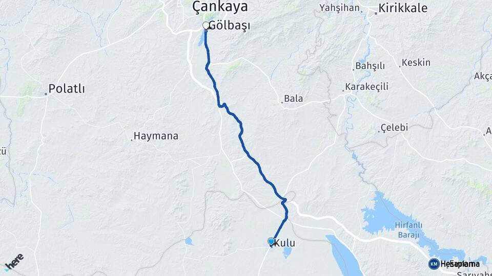 Konya Kulu Gölbaşı Ankara Arası Kaç Km - Yol Haritası