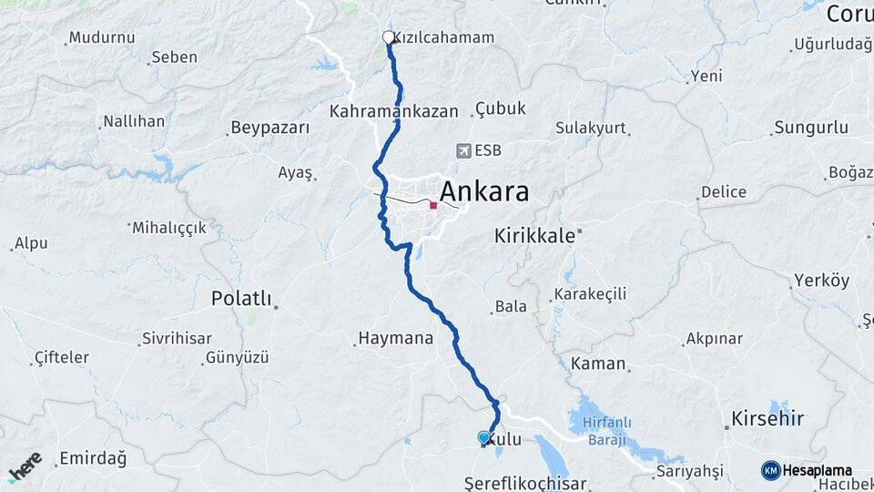 Konya Kulu Kızılcahamam Ankara Arası Kaç Km - Yol Haritası