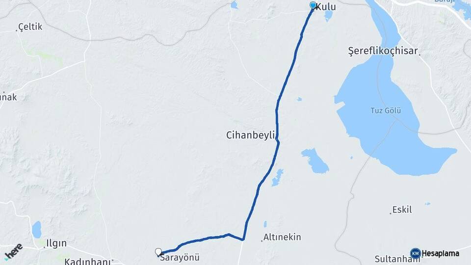 Konya Kulu Sarayönü Arası Kaç Km - Yol Haritası