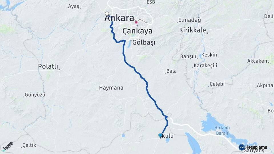 Konya Kulu Sincan Ankara Arası Kaç Km - Yol Haritası