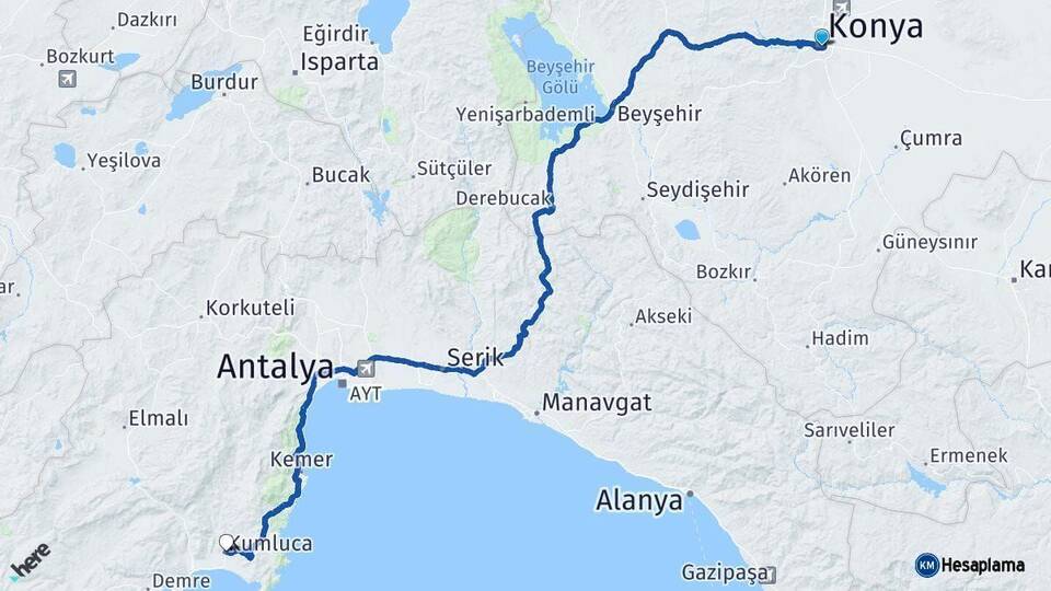 Konya Kumluca Antalya Arası Kaç Km - Yol Haritası
