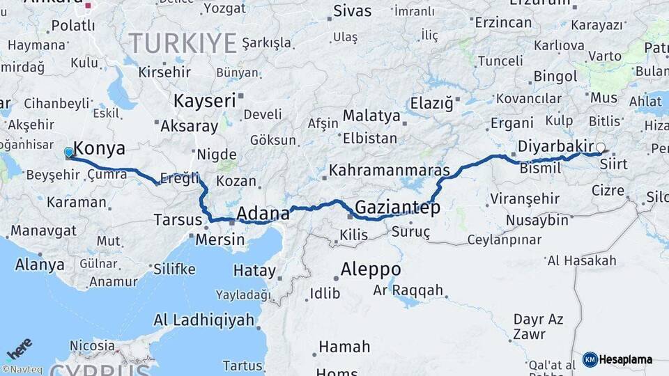 Konya Kurtalan Siirt Arası Kaç Km - Yol Haritası