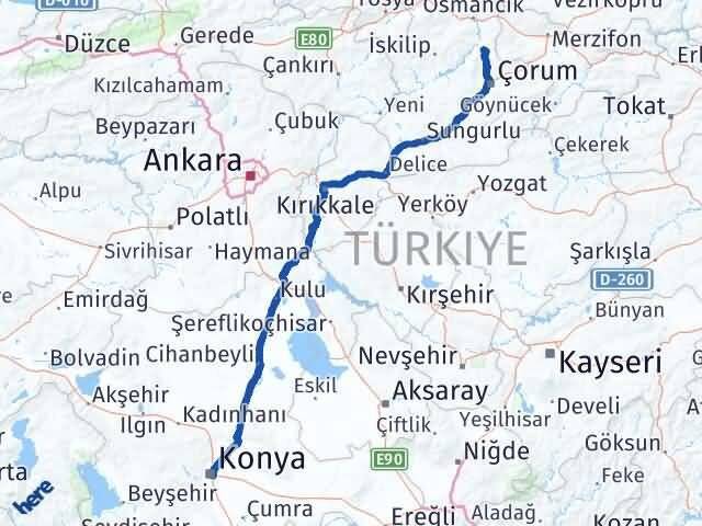 Konya Laçin Çorum Arası Kaç Km - Yol Haritası