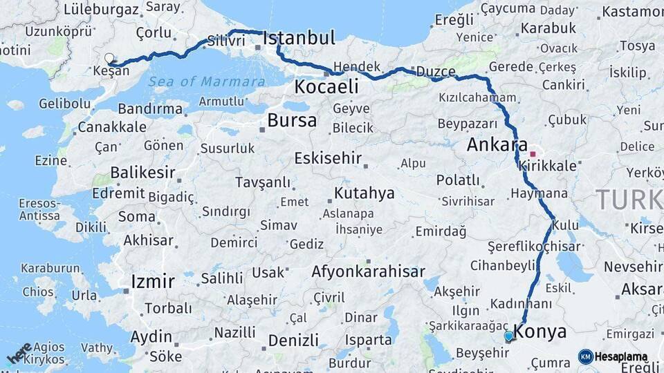 Konya Malkara Tekirdağ Arası Kaç Km - Yol Haritası