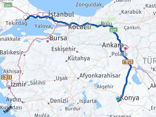 Konya Marmaraereğlisi Tekirdağ Arası Kaç Km - Yol Haritası