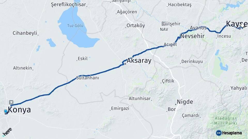 Konya Melikgazi Kayseri Arası Kaç Km - Yol Haritası