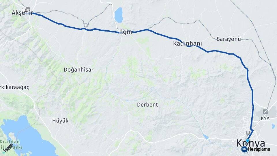 Konya Meram Akşehir Arası Kaç Km - Yol Haritası