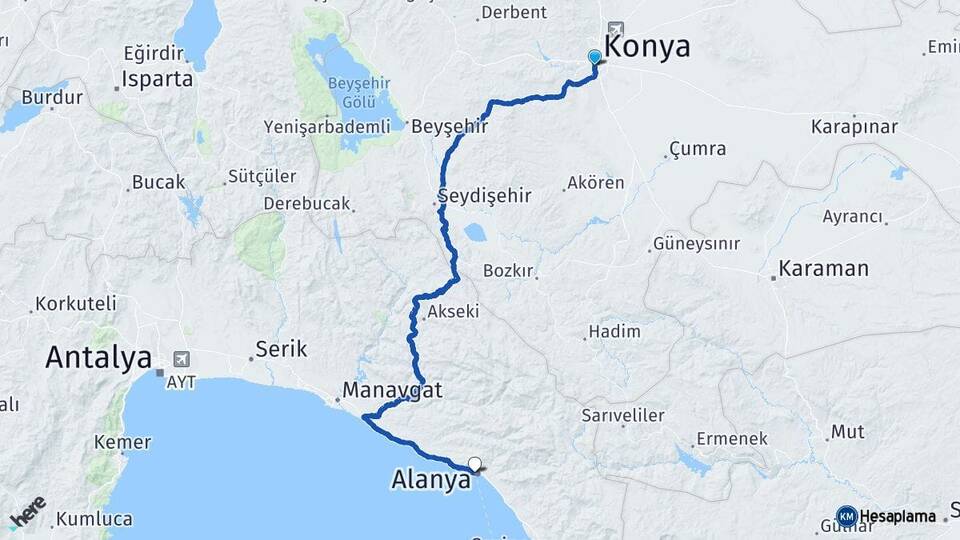 Konya Meram Alanya Antalya Arası Kaç Km - Yol Haritası