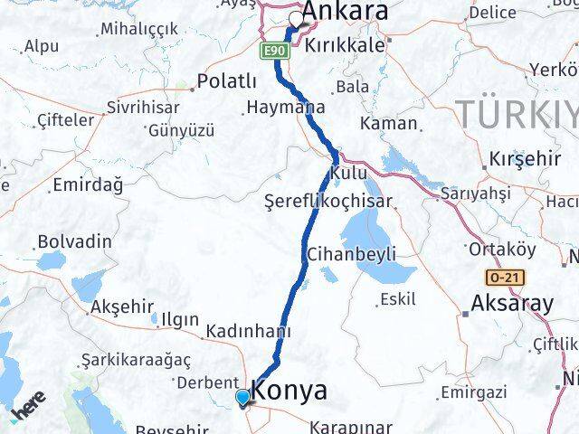Konya Meram Çankaya Ankara Arası Kaç Km - Yol Haritası