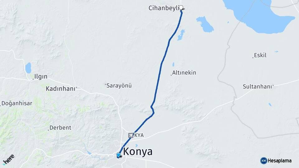 Konya Meram Cihanbeyli Arası Kaç Km - Yol Haritası