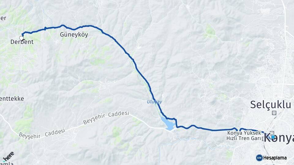 Konya Meram Derbent Arası Kaç Km - Yol Haritası