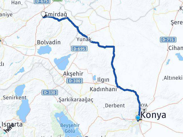Konya Meram Emirdağ Afyonkarahisar Arası Kaç Km - Yol Haritası