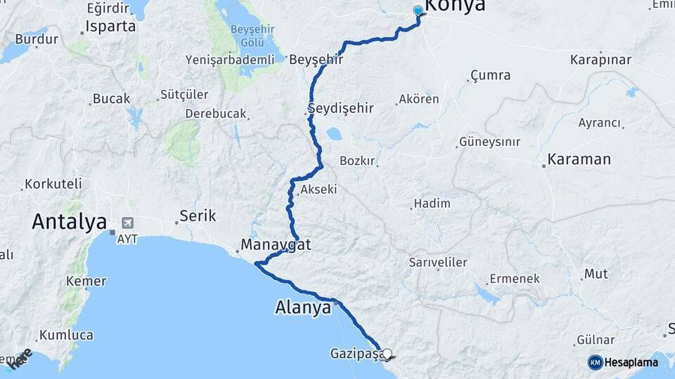 Konya Meram Gazipaşa Antalya Arası Kaç Km - Yol Haritası