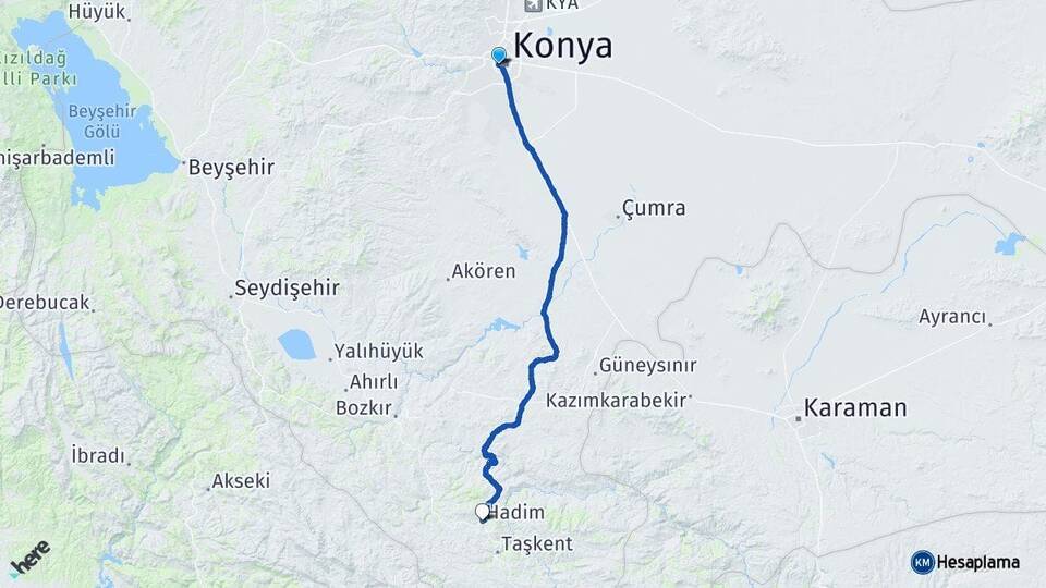 Konya Meram Hadim Arası Kaç Km - Yol Haritası